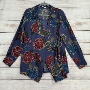 Emelia Floral Wrap Blouse‎ Women's Size Medium Blue